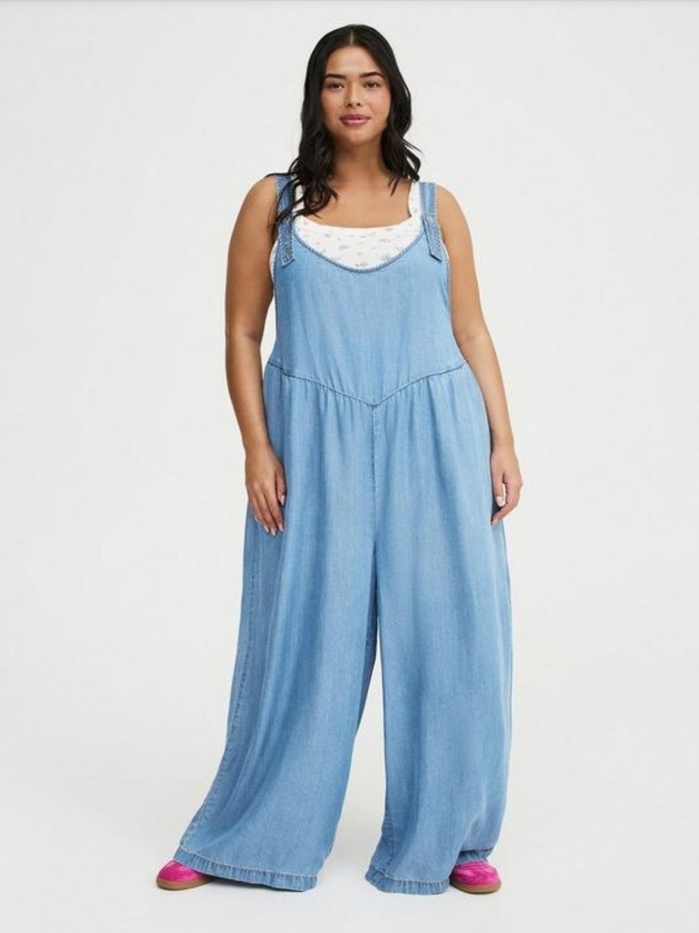 torrid Light Blue Wide-Leg Denim Jumpsuit with Tie Straps
